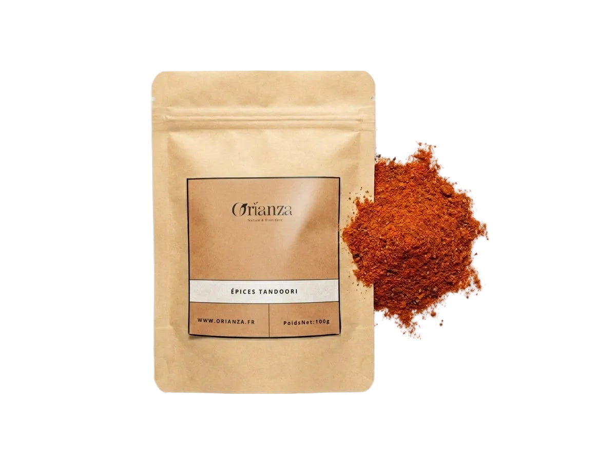 Sachet kraft d'Épices Tandoori Orianza Selection, poudre rouge flamboyante de mélange traditionnel indien.