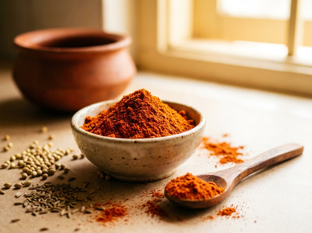 Mélange d'épices Tandoori Orianza dans une ambiance lifestyle avec une cuillère et assortiment d'épices
