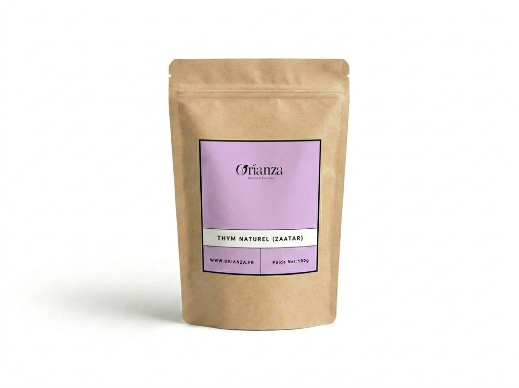Sachet kraft de Thym Naturel (Zaatar) de la marque Orianza, emballage hermétique protégeant les huiles essentielles volatiles.