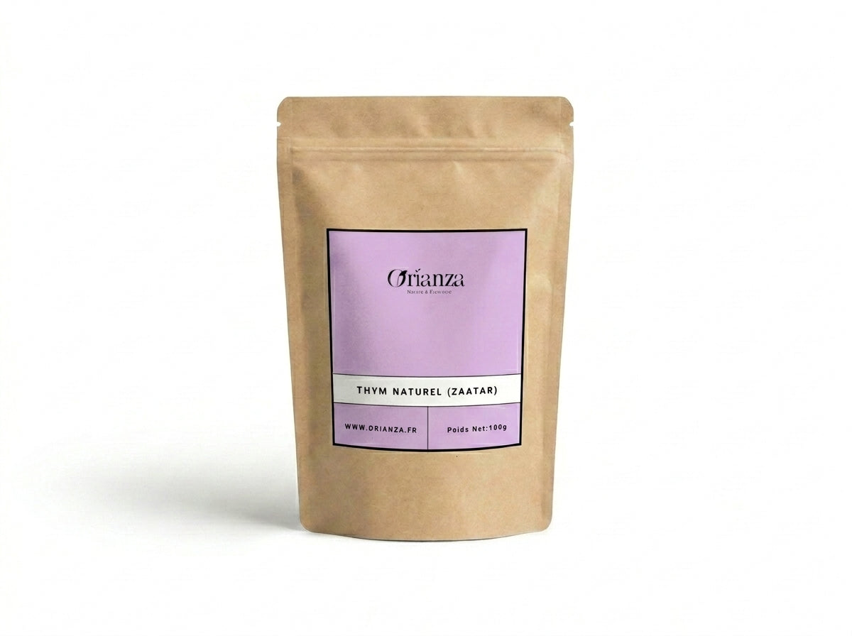 Sachet kraft de Thym Naturel (Zaatar) de la marque Orianza, emballage hermétique protégeant les huiles essentielles volatiles.