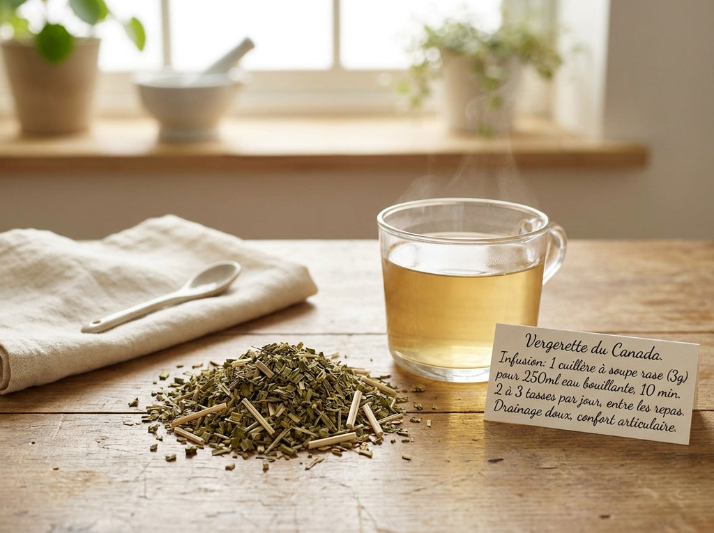 Mouvement de marche fluide en extérieur près d'une tasse de tisane de vergerette d'Orianza pour la souplesse.