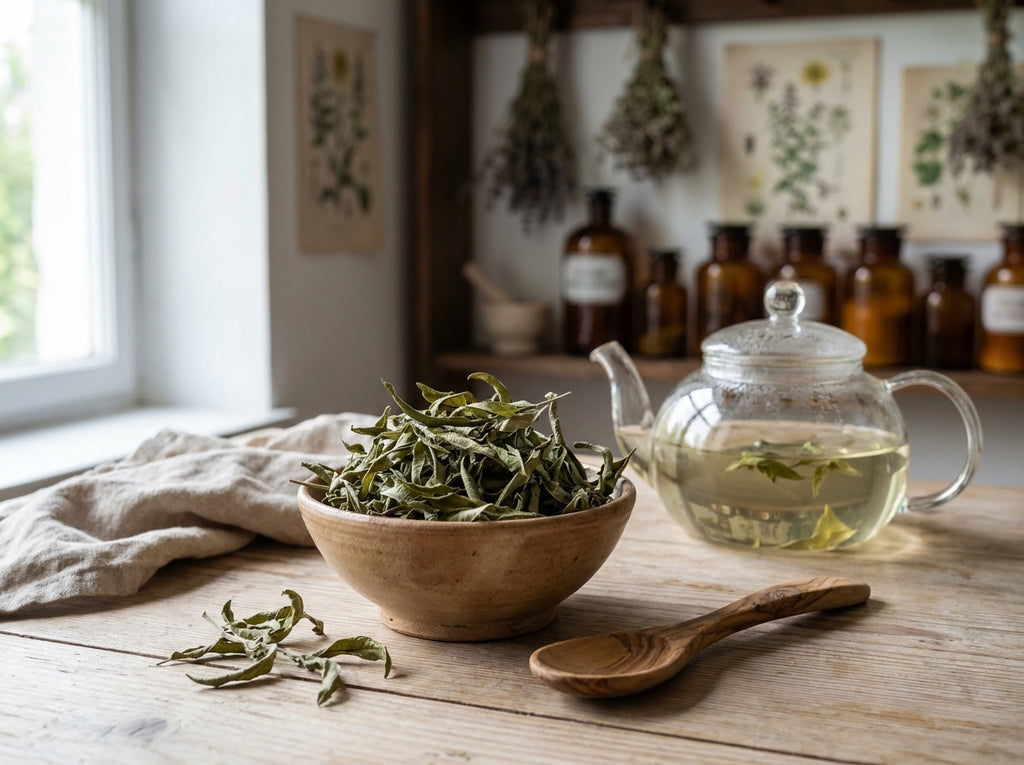 Préparation herboriste d'une infusion claire de verveine odorante dans une tasse en verre transparent.