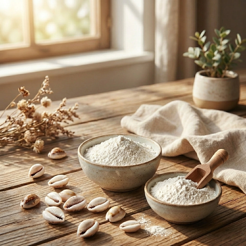 Application d'un soin minéral naturel à base de Ouadaa d'Orianza sur le visage pour estomper le masque de grossesse.