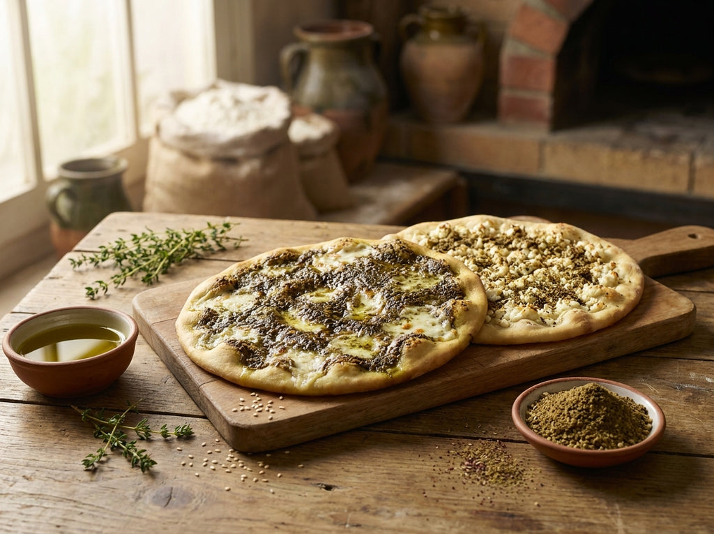 Galettes de pain plates traditionnelles Manaeesh cuites au four et dorées, garnies d'huile et de zaatar.