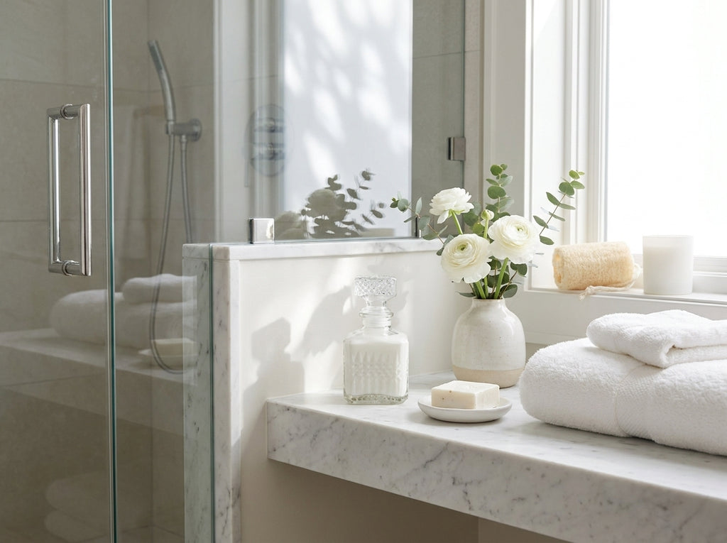 Flacon de Musc Tahara Orianza sur un meuble de salle de bain avec une serviette et des fleurs
