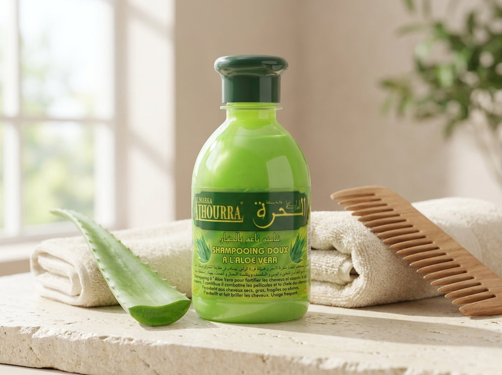 Feuilles d'aloe vera coupées révélant leur gel translucide à côté du soin capillaire El Horra, symbole de fraîcheur.
