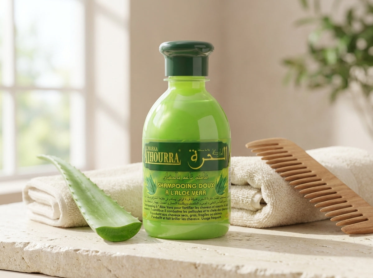 Feuilles d'aloe vera coupées révélant leur gel translucide à côté du soin capillaire El Horra, symbole de fraîcheur.