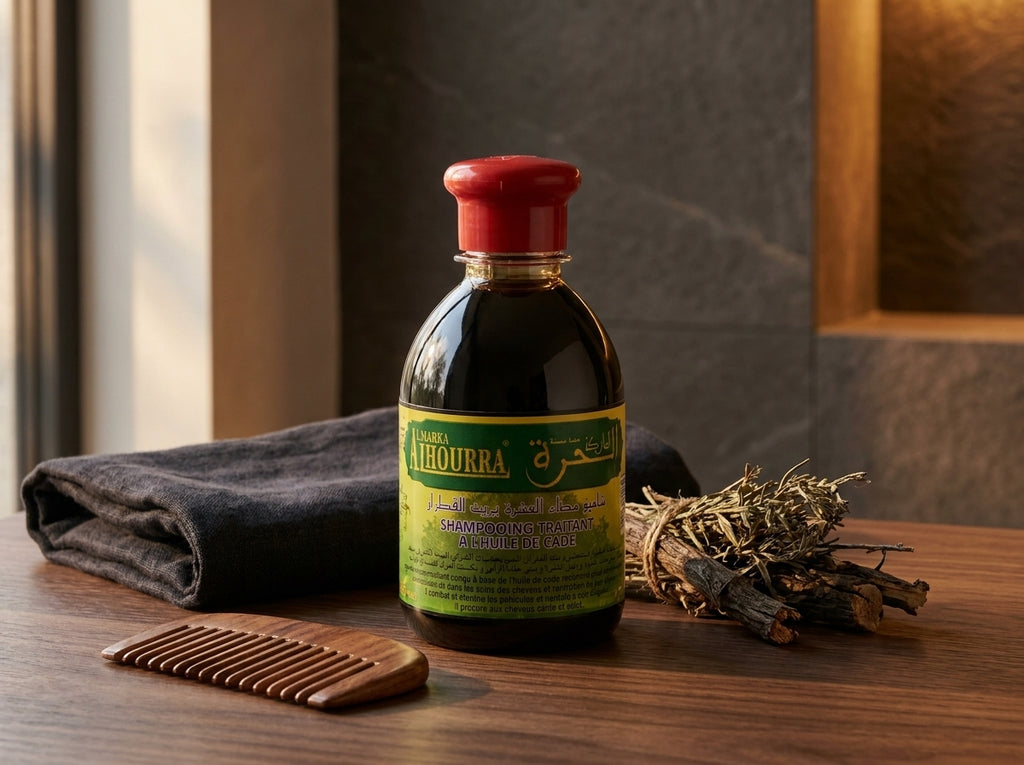 Bois de cade et huile essentielle de cade sauvage à côté du soin capillaire El Horra, symbolisant l'efficacité médicinale.