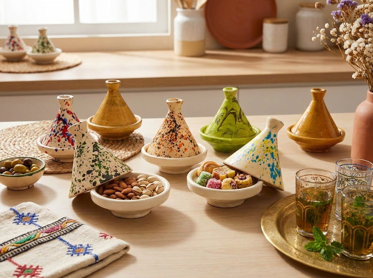 Mini tajine décoratif fermé posé sur un livre d'art, touche déco ethnique et minimaliste pour le salon.